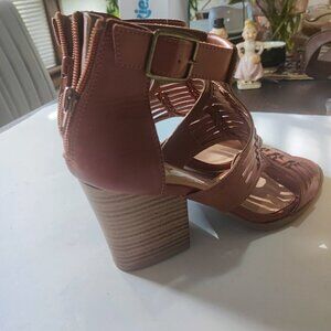Sugar, Open Weave Sandal with Stacked Heel,  Zippered closure in back, Brown
